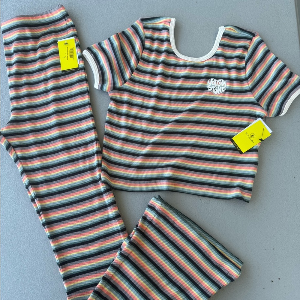 Volcom Kids Striped Set/ Flared Pant - Green, Pink, Orange, White